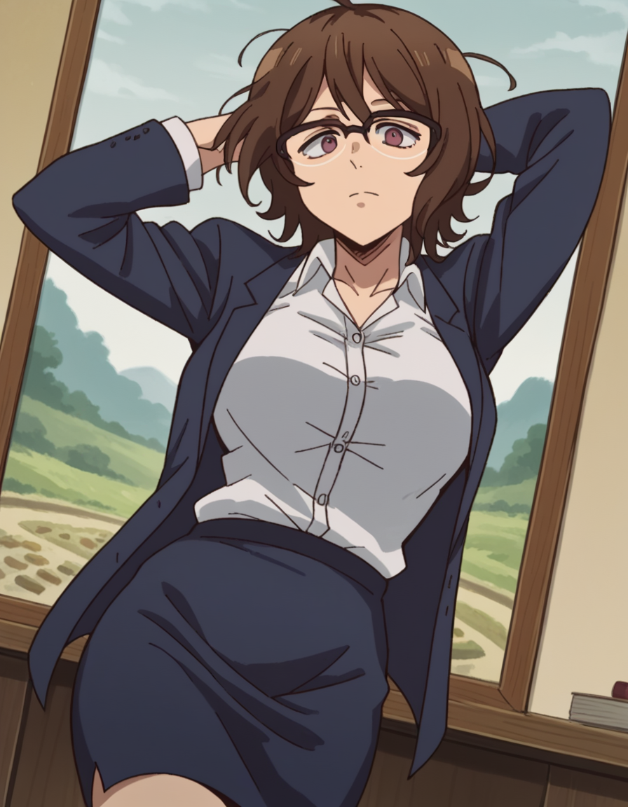 score_9, score_8_up, score_7_up, source_anime, <lora:owari-hajime-s2-ponyxl-lora-nochekaiser:1>, owari hajime, brown hair, brown eyes, glasses, over-rim eyewear, large breasts,, skirt, shirt, jacket, formal, suit, office lady,, museum, art exhibit, paintings, observing, quiet contemplation, cultural experience, , looking at viewer, hand behind head, solo,, cowboy shot, dutch angle