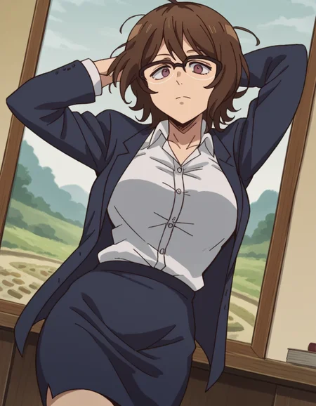 score_9, score_8_up, score_7_up, source_anime, <lora:owari-hajime-s2-ponyxl-lora-nochekaiser:1>, owari hajime, brown hair, brown eyes, glasses, over-rim eyewear, large breasts,, skirt, shirt, jacket, formal, suit, office lady,, museum, art exhibit, paintings, observing, quiet contemplation, cultural experience, , looking at viewer, hand behind head, solo,, cowboy shot, dutch angle