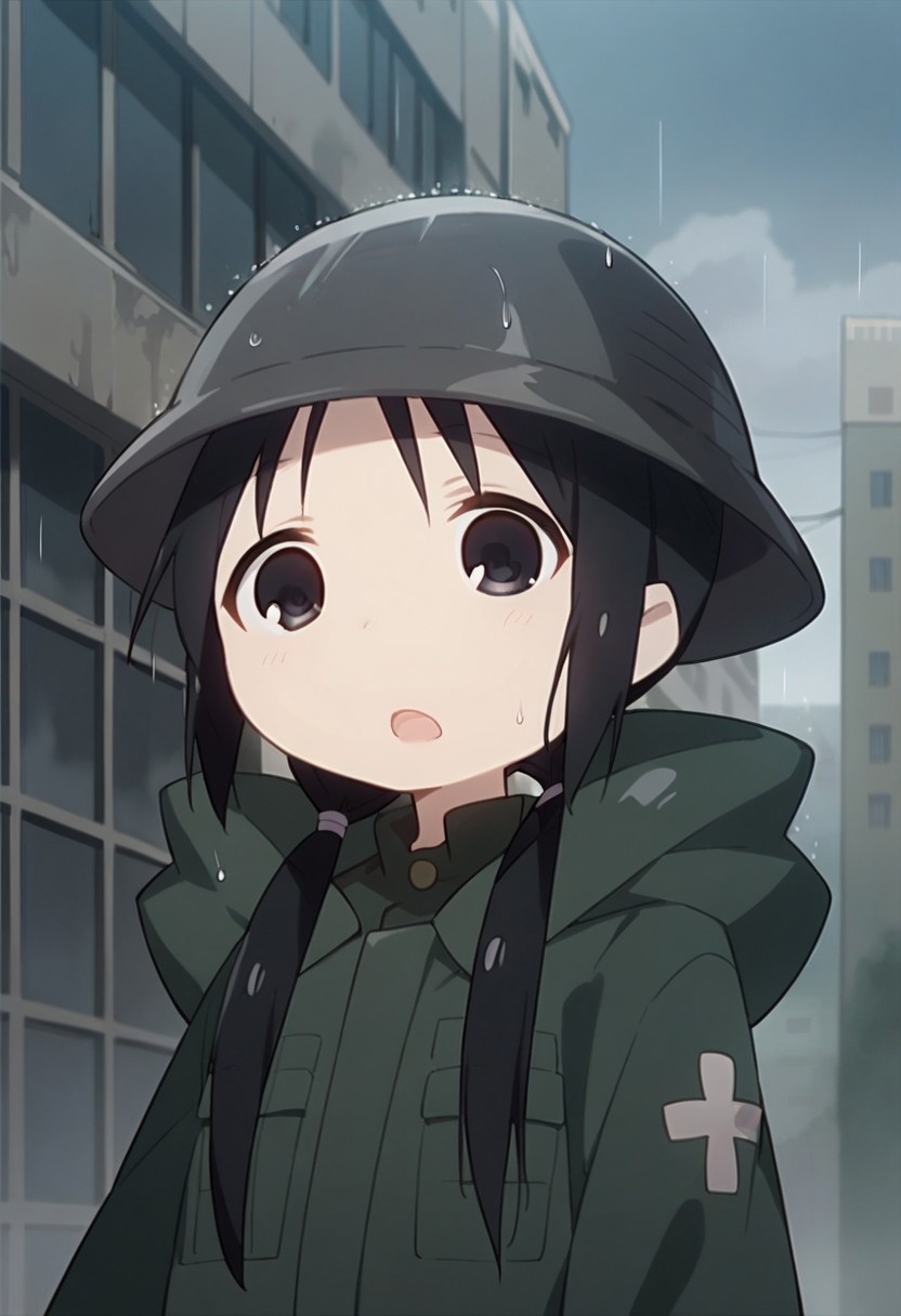 score_9, score_8_up, score_7_up, source_anime,chito, black hair, black eyes, long hair, low twintails, 1girl, solo, open mouth, military helmet, rain, helmet, uniform, military, :o, military uniform, twintails, coat