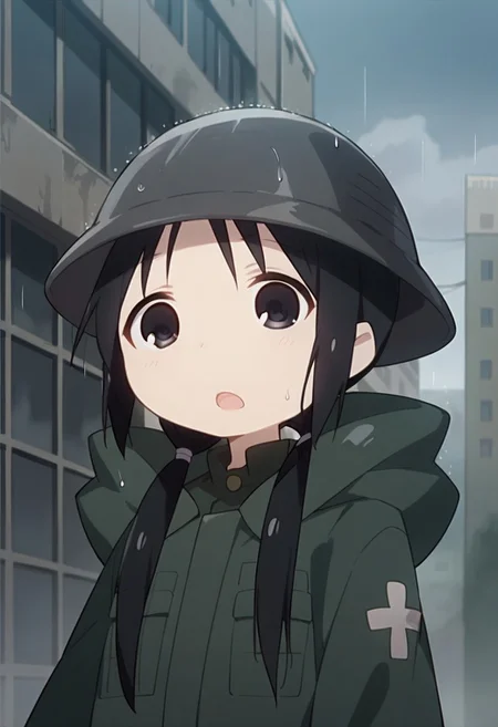 score_9, score_8_up, score_7_up, source_anime,chito, black hair, black eyes, long hair, low twintails, 1girl, solo, open mouth, military helmet, rain, helmet, uniform, military, :o, military uniform, twintails, coat