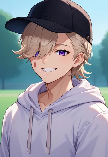 score_9, score_7_up, source_anime
lyney, 1boy, male focus, solo, purple eyes, blonde hair, short hair, braid, hair over one eye, teardrop facial mark, hat, baseball cap, hoodie, smile, grin, upper body,
outdoor,