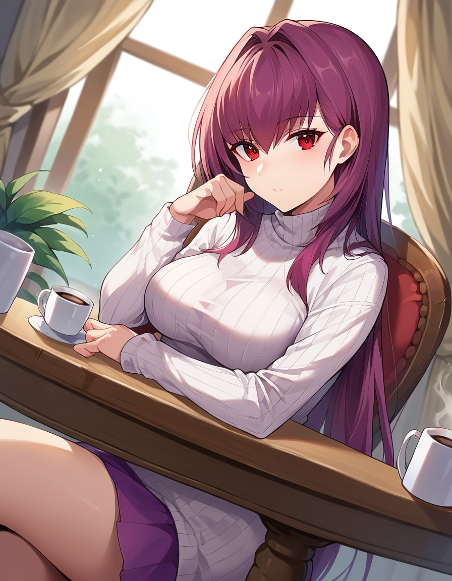 score_9, score_8_up, score_7_up, source_anime,
scathach, <lora:scathach-ponyxl-lora-nochekaiser:1>,
scathach, long hair, purple hair, red eyes,
long sleeves, ribbed sweater, sweater, turtleneck, turtleneck sweater, white sweater,
indoors, chair, sitting, table, coffee,
looking at viewer, dutch angle, cowboy shot,