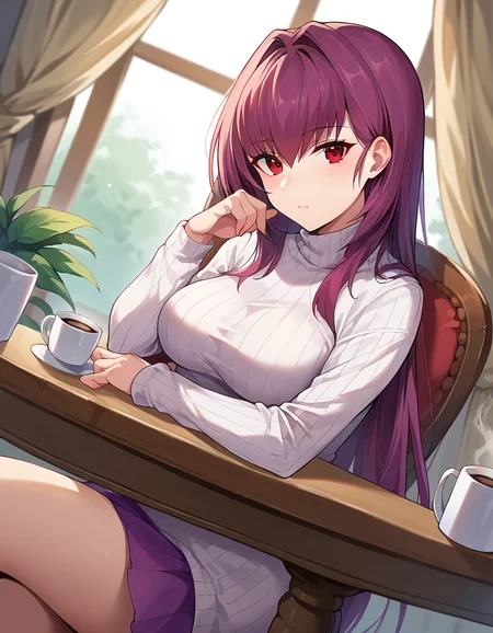 score_9, score_8_up, score_7_up, source_anime,
scathach, <lora:scathach-ponyxl-lora-nochekaiser:1>,
scathach, long hair, purple hair, red eyes,
long sleeves, ribbed sweater, sweater, turtleneck, turtleneck sweater, white sweater,
indoors, chair, sitting, table, coffee,
looking at viewer, dutch angle, cowboy shot,