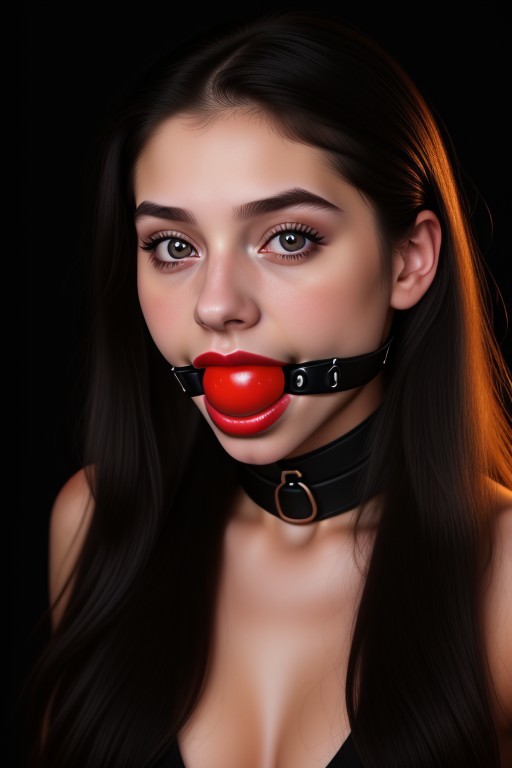 close up shot of a side portrait view of young woman, aged 22 yo, with long hair in front of a black background, studio light, beautiful, pretty, detailed skin, skin pores, high contrast ((large wide black ball gag)), vivid red lipstick
