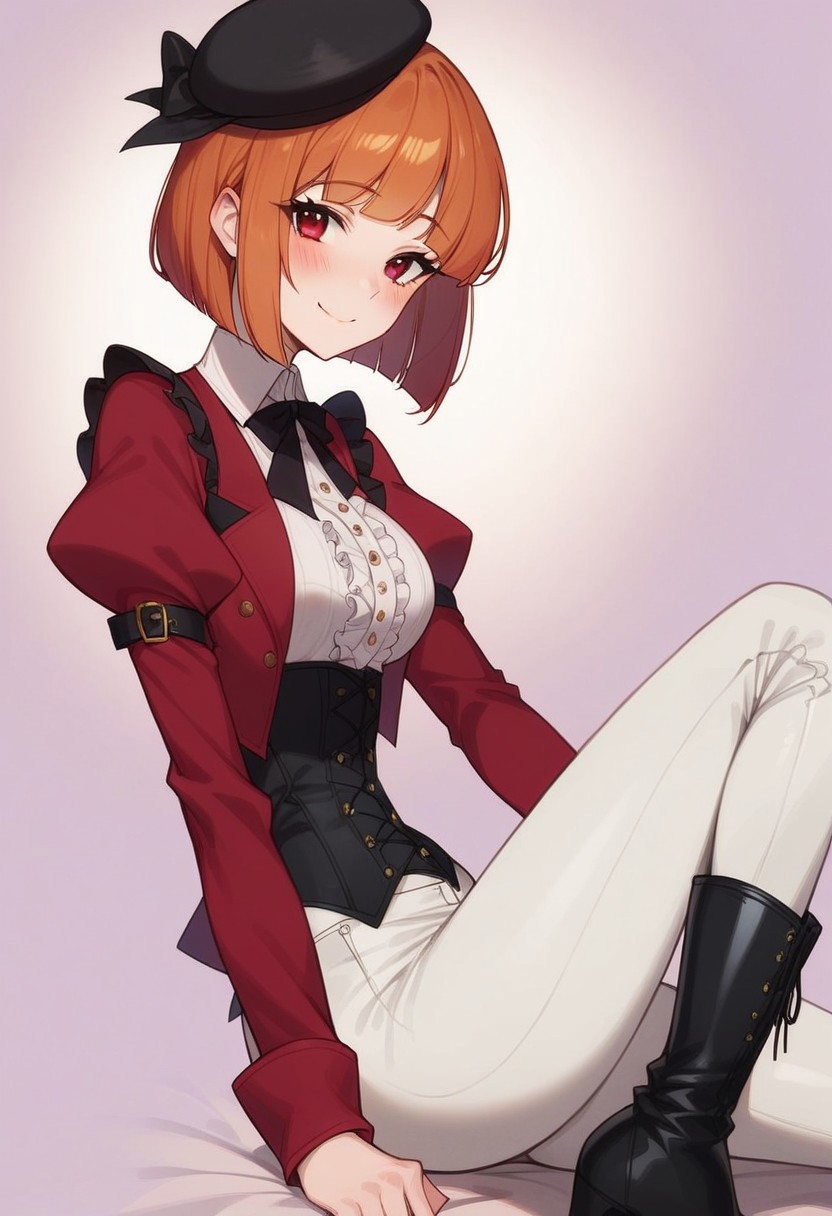 score_9, score_8_up, score_7_up, score_6_up, score_5_up, source_anime, smooth_anime, high quality, highly detailed, flat illustration, high res, (dynamic shadows and lighting), soft shading, soft lighting, woman, adult, 20yo, 20 years old, 1girl, solo, Laika, laika_slime_300, straight hair, bob cut, bangs, orange hair, red eyes, short hair, medium breasts, wide hips, long eyelashes, ((hourglass figure, petite body, slender waist)), (detailed eyes, detailed face), ((r1d3r, red jacket, puffy sleeves, long sleeves, black corset, white frills, buttons, black high heel boots, white pants, black hat)), simple background, gradient background, lavender background, ((suggestive pose)), shy, smile, lidded eyes, blushing, sitting, leaning forward, half side view, looking at viewer,