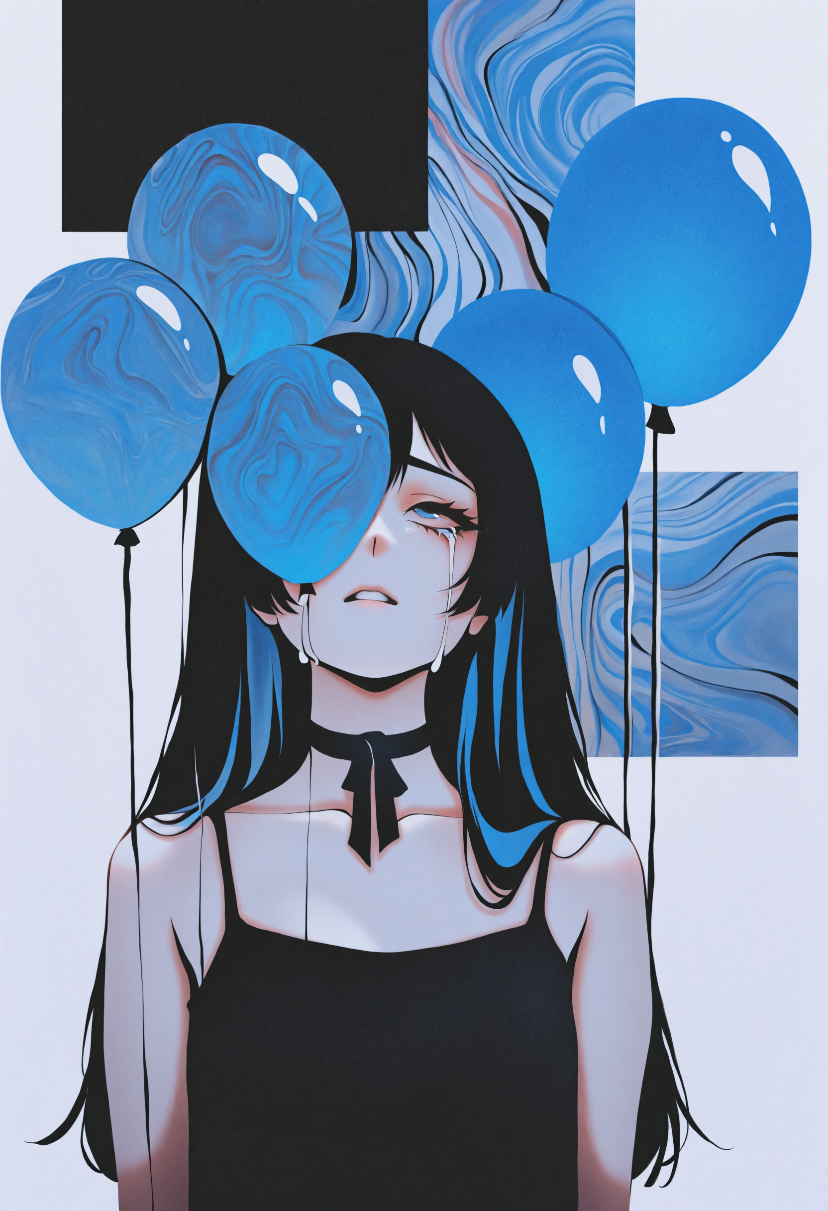 MF9f, dhjs, bnl0, aGl0, (traditional media, abstract, abstract background, painting \(medium\)), 1girl, solo, blue eyes, long hair, balloon, black hair, parted lips, crying, upper body, tears, white background, crying with eyes open, blue hair, bare shoulders, simple background, ribbon, camisole, collarbone, blue theme, multicolored hair, choker, spaghetti strap, one eye covered, bow, eyelashes, sleeveless, looking up