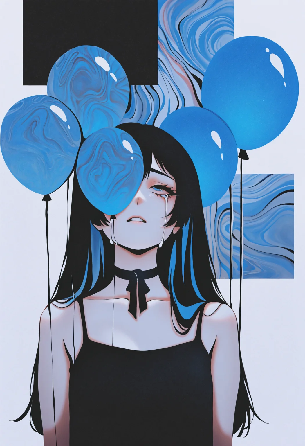 MF9f, dhjs, bnl0, aGl0, (traditional media, abstract, abstract background, painting \(medium\)), 1girl, solo, blue eyes, long hair, balloon, black hair, parted lips, crying, upper body, tears, white background, crying with eyes open, blue hair, bare shoulders, simple background, ribbon, camisole, collarbone, blue theme, multicolored hair, choker, spaghetti strap, one eye covered, bow, eyelashes, sleeveless, looking up