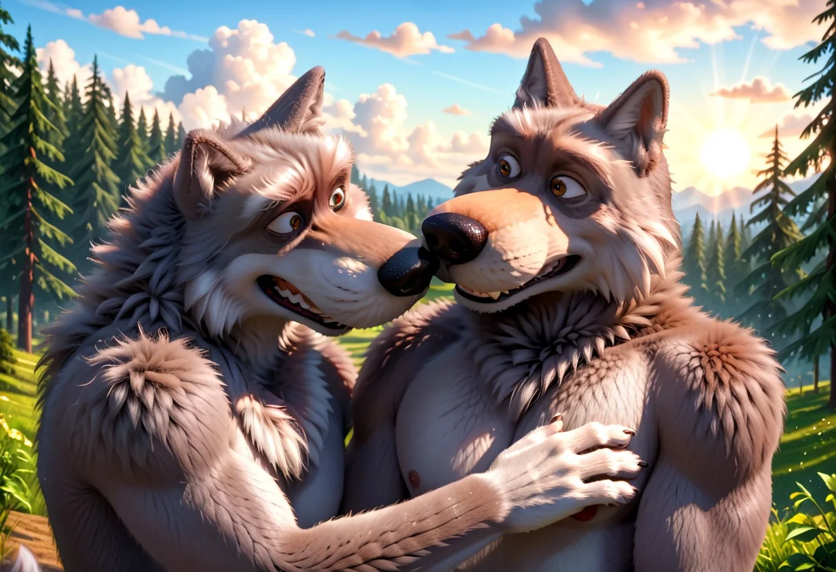 score_8, score_7, score_9_up, BodiPhantom, masterpiece, high quality, detailed, best quality, detailed background, detailed character, detailed character details, detailed face, detailed muzzle, dust, particles, practices, fluffy wool, fluffy fur, high quality, very high rendering, smooth lines, 4k, 8k, 16k, huge resolution, a lot of details, detailed fur, high budget, cinemascope, epic, gorgeous, film grain, grainy, high quality, detailed, high resolution, high quality, high resolution, furry character, 3DMM, 2boys, 2 boys,
first character: "bybodird008, cartoon_style, source_cartoon, gray wolf, wolf, fluffy wolf, shaggy, (hybrid), boy, furry, furry_male, anthro, stupid wolf1, (He's taller and thicker, and his eyes are wide open, which adds to his innocence)";
second character: "bybodird008, cartoon_style, source_cartoon, gray wolf, wolf, fluffy wolf, shaggy, (hybrid), boy, furry, furry_male, anthro, cunning wolf2, (He is thin, with a large head and narrowed eyes)";
BREAK
source_furry, adult, anthro, (((muscular))), 2 wolf,
two wolves, two detailed characters, hugging, gay,
realistic, different wolves, different faces, detailed face, gray wolfs,
in the forest, trees, sun, meadow, clouds, detailed eyes, detailed fur, detailed anatomy, detailed every character