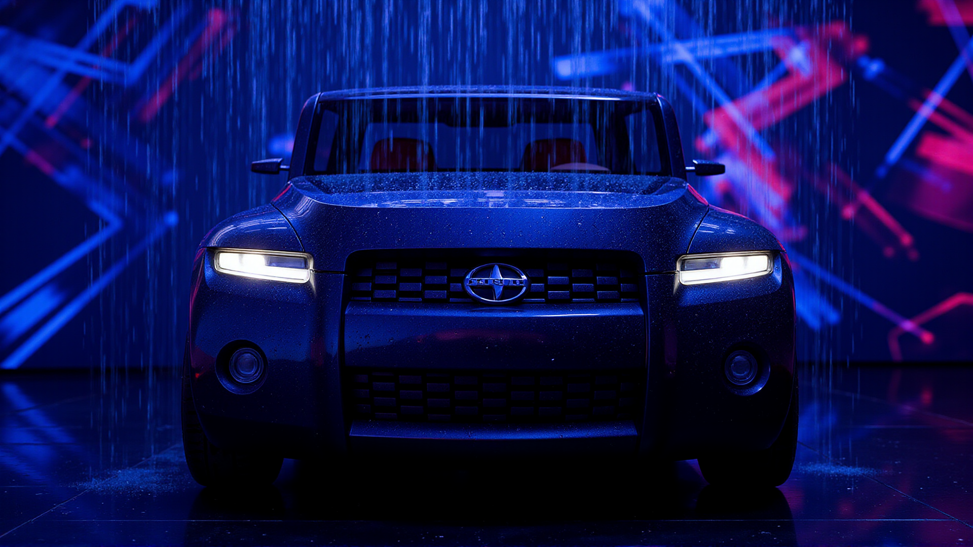 A dramatic close-up of the Scion Hako Coupe Concept under a glowing rainfall of liquid light in a futuristic studio. The car is painted in a deep obsidian black finish with holographic patterns that shimmer in the cascading neon rain. The shot focuses on the angular LED headlights and the wide grille, with water droplets beading and reflecting vibrant blue and pink hues. The studio backdrop features abstract glowing shapes and dynamic reflections, emphasizing the car's cutting-edge design and precise lines
 <lora:ral-hkcpcncpt_000004000:1>
