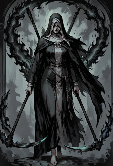masterpiece, best quality, newest, absurdres, highres, TTCSV1.0, A/BFV1.0, black fire, fire, flame,
1girl, siiesfrtdeer, covered eyes, habit, nun, black coif, hood up, black veil, black dress, long sleeves, black hooded cloak, barefoot, holding scythe, dual wielding, flaming weapon, black fire, solo, solo focus,