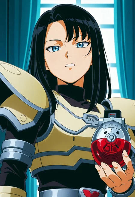 masterpiece, best quality, anime style, anime, anime screencap, amazing quality, very aesthetic, absurdres, newest, cinematic, perfect face, detailed face, beautiful face, A9eha, 1girl, solo, female focus, black hair, long hair, curtain bangs, armor, breast, shoulder pad, bodysuit, turtleneck, holding small KomanVois, small KomanVois, close up