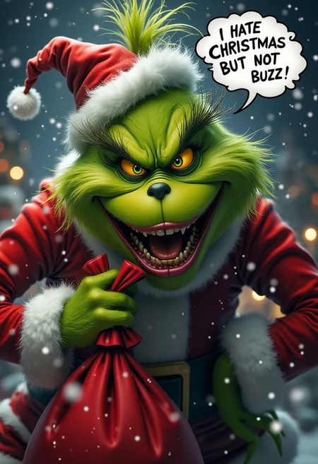 The Grinch, green fur, red santa outfit, Christmas, (The gring stealing santa claus bag and screaming in a speech balloon “I HATE CHRISTMAS BUT NOT BUZZ!” while scaping from a snow toy factory), Hyper realistic style, extremely detailing face and mouth, terrible teeth, crazy grin, (focus on text),