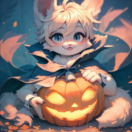 ncpy88 style, score_9, score_8_up, score_7_up, score_6_up, furry, bunny boy, femboy, 1boy, solo, feminine, cute, kawaii, soft fur, cute suit, cape, vampire fangs, jack o lantern