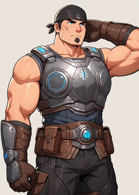 <lora:OG_Marcus_Fenix_IL:0.98> ogmarcusfenix, sleeveless armor, black bandana, bara, muscular, goatee, facial scar, gloves, black pants, cowboy shot, blue eyes, pose, white background