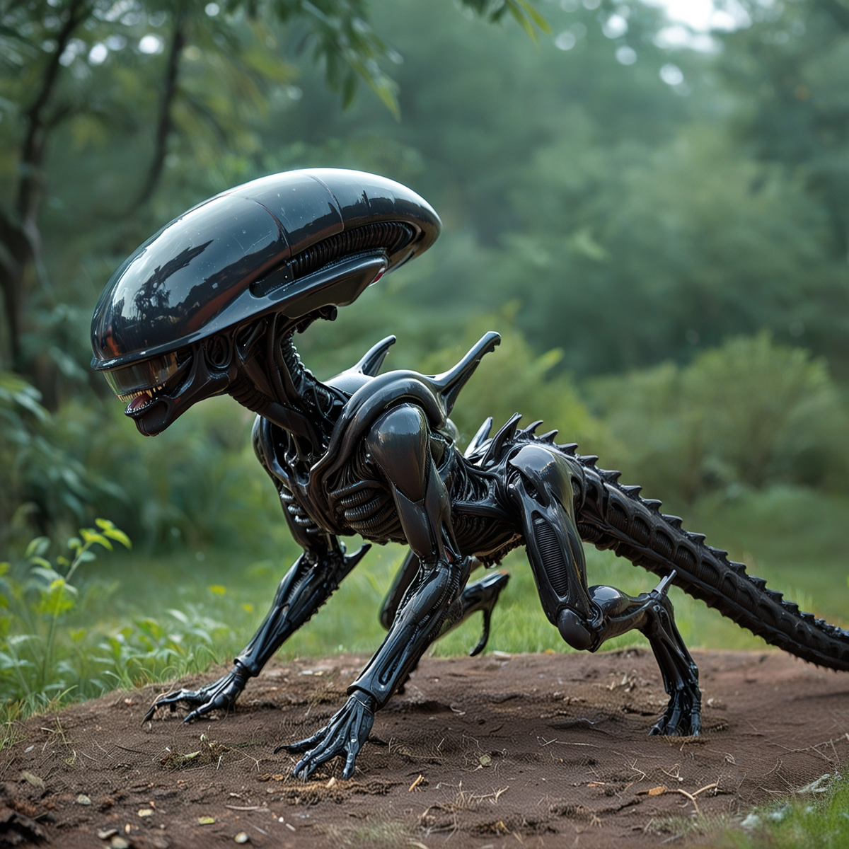 score_9, score_8_up,
This captivating fantasy picture portrays an eerie female xenomorph cooking a stew from small metallic parts like screws and springs on a minimalistic and ultra-futuristic kitchen with cybernetic helper-bots flying around.',
        'The xenomorph wife is using cooking devices from the distant future, adding a surreal element to the scene.',
        'There is a metallic powder covering the cooking table, enhancing the otherworldly atmosphere.',
        'The picture is featured with a simulation of analog film photography, complete with noticeable film grain and aberration effects, reminiscent of the 1990s or early 2000s.',
        'The color grading mimics the colors and light effects of real analog photographs.',
        'A shallow depth of field with a swirly bokeh, noticeable gloom, and dust floating in the air adds to the eerie ambiance.',
        'The scene takes place at early morning, illuminated by cool, soft, and dreamy light from a futuristic village window.',
        'The xenomorph woman is wearing a white housewife cook apron with lace, showcasing her perfectly fit, feminine body with black xenomorph appearance.
BREAK The central figure of the image is an eerie female xenomorph, meticulously preparing a stew from small metallic parts like screws and springs.',
        'She is dressed in a white housewife cook apron with lace, which contrasts with her black xenomorph appearance.',
        'Her body is perfectly fit and feminine, with cybernetic enhancements that add to her otherworldly presence.',
        'The xenomorph woman is using cooking devices from the distant future, which are sleek and ultra-modern.',
        'Her movements are precise and mechanical, yet there is a subtle grace in her actions.',
        'The metallic powder on the table around her adds to the surreal atmosphere.
BREAK On the left side of the image, slightly to the upper-left, a group of cybernetic helper-bots can be seen flying around.',
        'These bots are sleek and metallic, with glowing blue lights that add a futuristic touch to the scene.',
        'They move with a fluid grace, their movements synchronized and precise.',
        'Each bot has intricate designs etched into its metallic surface, showcasing advanced technology.',
        'The helper-bots are essential in the cooking process, assisting the xenomorph woman with various tasks.
BREAK On the right side of the image, slightly to the lower-right, a futuristic village window can be seen.',
        'The window is made of a transparent material with sleek, metallic frames.',
        'Through the window, cool, soft, and dreamy light from the early morning can be seen, illuminating the scene.',
        'The village outside is a blend of futuristic architecture and natural elements, creating a harmonious balance between technology and nature.
BREAK At the bottom of the image, slightly to the lower-left, there is a layer of metallic powder covering the cooking table.',
        'The powder glimmers subtly under the soft light, adding a touch of realism to the surreal scene.',
        'The metallic particles are finely detailed, reflecting the advanced technology of the setting.',
        'The powder enhances the overall eerie and otherworldly atmosphere of the image, making the cooking process appear even more futuristic and surreal.
BREAK At the top of the image, slightly to the upper-right, the film grain and aberration effects are prominently visible.',
        'These effects simulate the look of analog film photography from the 1990s or early 2000s, adding a nostalgic and vintage touch to the image.',
        'The film grain is noticeable, with subtle distortions and aberrations that enhance the overall atmosphere of the scene.',
        'These effects give the image a sense of history and depth, making it feel like a snapshot from a bygone era.
<lora:- SDXL - vanta-black_contrast_V3.0:0.43> <lora:sss:1.3> <lora:Meostigmat_f1.7_100mm:0.33> <lora:Gl1tchBasalt-000021:0.16> Gl1tchBasalt
BREAK  SK_CINEMATIC zPDXL2 ImgFixerPre0.3