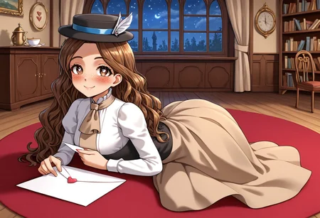 high definition 1girl, solo, franimel, dress, long hair untill hips, brown skin, brown eyes, freckles, blushing, hat, beige tie, soft illumination, full body, victorian library, detailed background, night, sitting down on a red carpet, tea cup on floor, old inkwell on floor, old pen on floor, paper sheets lying around, cute smile, look at viewer, sighing, heart-shaped pupils, love letter, holding the letter against chest