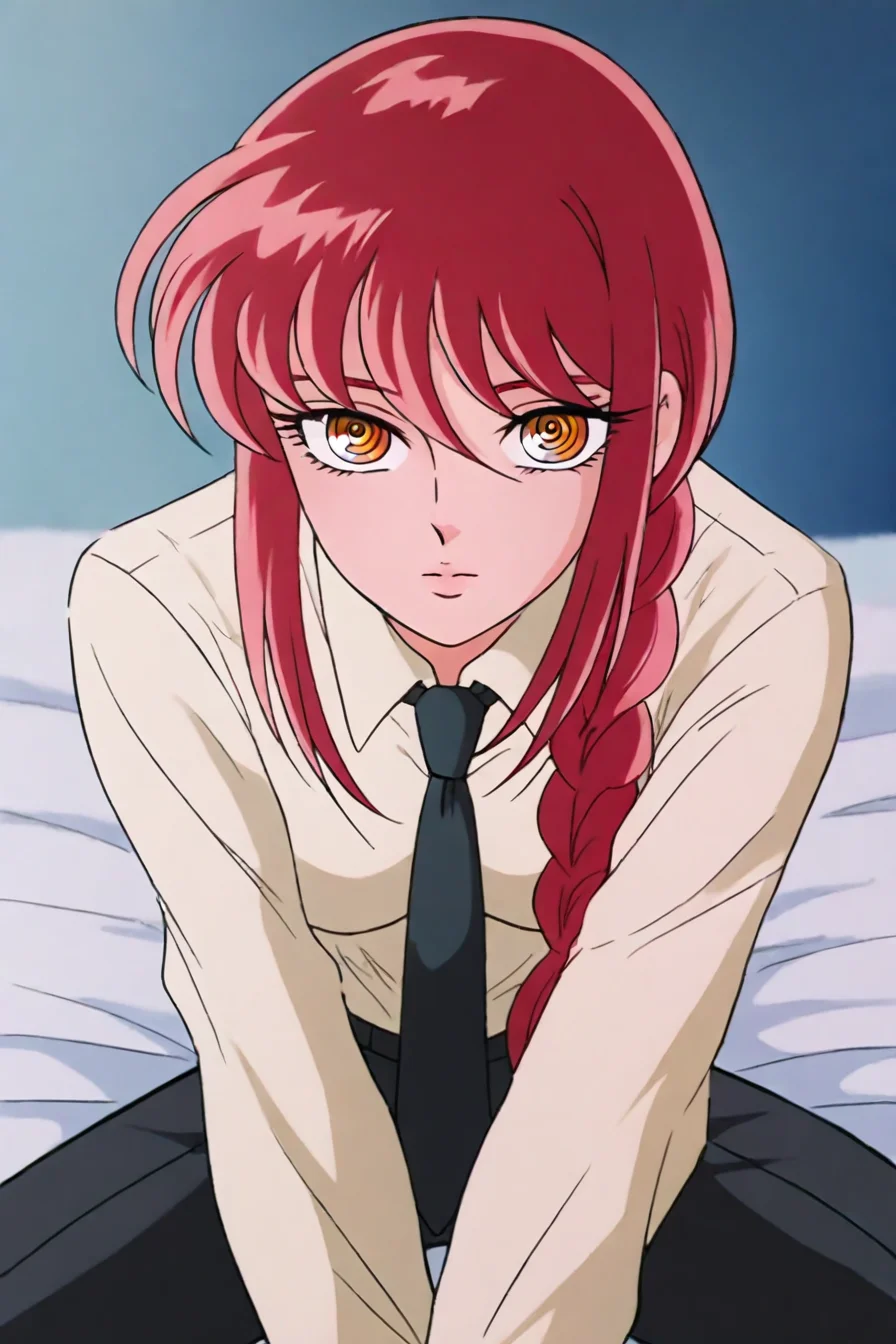 <lora:mak1ma0XL_Pony_v1:0.6> , mak1ma0, (makima:0.8), red hair, long hair, ringed eyes, braid, white collared shirt,black necktie, black pants, 1girl, solo, alone, <lora:saint_seiya_style_illustriousXL:0.8>, saint_seiya_style, masterpiece, highres