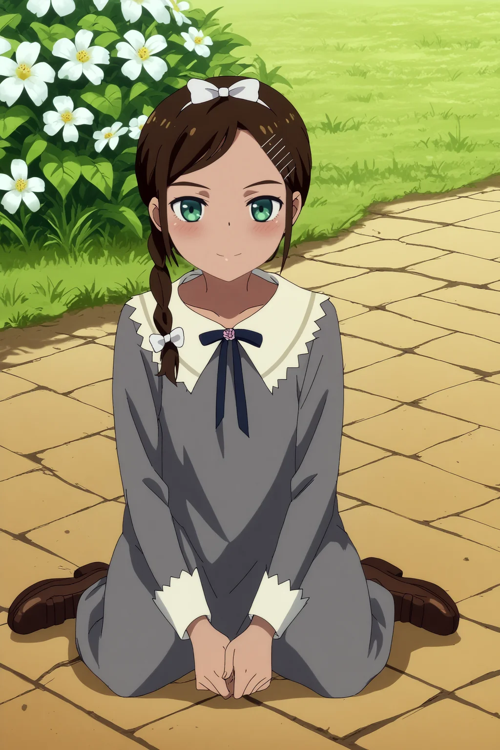 aonuma neiru,1girl,solo,smile,hair ornament,flower,hairclip,dark skin,short hair,braid,dress,twin braids,hair bow,long sleeves,upper body,sit,on floor,loafers BREAK outdoors,sunset,orange sky <lora:Aonuma_Neiru_-_Wonder_Egg_Priority.safetensors:0.8> <lora:detailed_backgrounds_v2.safetensors:0.5>
