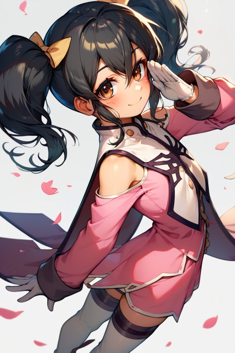 score_9, score_8_up, score_7_up, very aesthetic, source_anime, detailed, high quality, beautiful, masterpiece, detailed eyes,
<lora:lightXL:0.8>
simple background
<lora:action-sdxl-V0.5:1>zdyna_pose
upperbody, cowboy shot,  from above,
salute, smile, blush plaster,
<lora:anise_autismConfetti_v05:0.99>flat chest, 
anise tatlin, 1girl, black hair, brown eyes, twintails, pink dress, white gloves, thighhighs, bare shoulders, shoes, hair bow, long sleeves, sidelocks, hair between eyes,, zPDXL