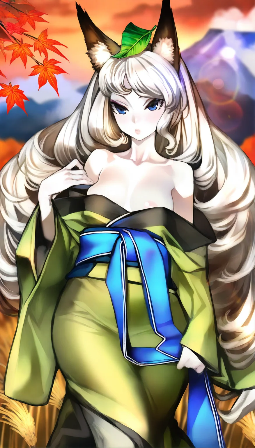 masterpiece,best quality,amazing quality,
<lora:yuzuruhaIL:1>,yuzuruha,
1girl,solo,pale skin,
white hair,long hair,wavy hair,bangs,fox ears,a green leaf on head,
blue eyes,parted lips,looking at viewer,
green kimono,blue obi belt,
cowboy shot,
blurry background,outdoors,light particles,fog,soft lighting,maple leaf,reeds,sunset,cloud,sky,lens flare,