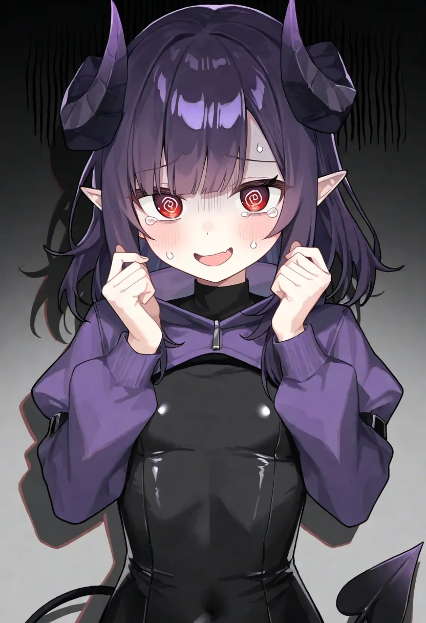 1girl, mimic \(vtuber\), @_@, asymmetrical bangs, black bodysuit, demon horns, demon tail, gloom (expression), hands up, high collar, long pointy ears, long sleeves, medium hair, nervous smile, open mouth, purple hair, purple sleeves, red eyes, shadow, shrug (clothing), solo, tearing up, upper body, very awa, very aesthetic, masterpiece, best quality, amazing quality, absurdres