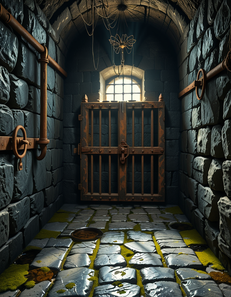 A highly detailed, hyper-realistic photograph of a dark medieval dungeon prison cell. The scene is dimly lit by a single flickering torch mounted on a damp stone wall, casting eerie shadows across the rough, moss-covered stones. Heavy, rusted iron bars form the cell door, slightly ajar, with visible corrosion and ancient padlocks. Inside the cell, there is a straw-covered floor, old wooden buckets, and a crude, splintered wooden bench against the back wall. Chains and manacles hang loosely from the walls, showing signs of long-term use. The atmosphere is cold, humid, and oppressive, with faint light rays piercing through tiny cracks in the stone ceiling. Cobwebs stretch across the corners of the cell, and faint water drips from above, creating small puddles. The overall mood is grim, desolate, and foreboding. Photorealistic style, with high dynamic range (HDR) lighting and extreme attention to textures like rust, moisture, and decay.
<lora:SDXLFaeTastic2400:0.4> <lora:extremely_detailed:0.4> extremely detailed,<lora:medieval_dungeon_pr1s0n_c3ll:1>,medieval dungeon pr1s0n c3ll, Masterpiece,best quality,hi res,8k,hi res,8k,award winning,(sharp focus, intricate, highly detailed),