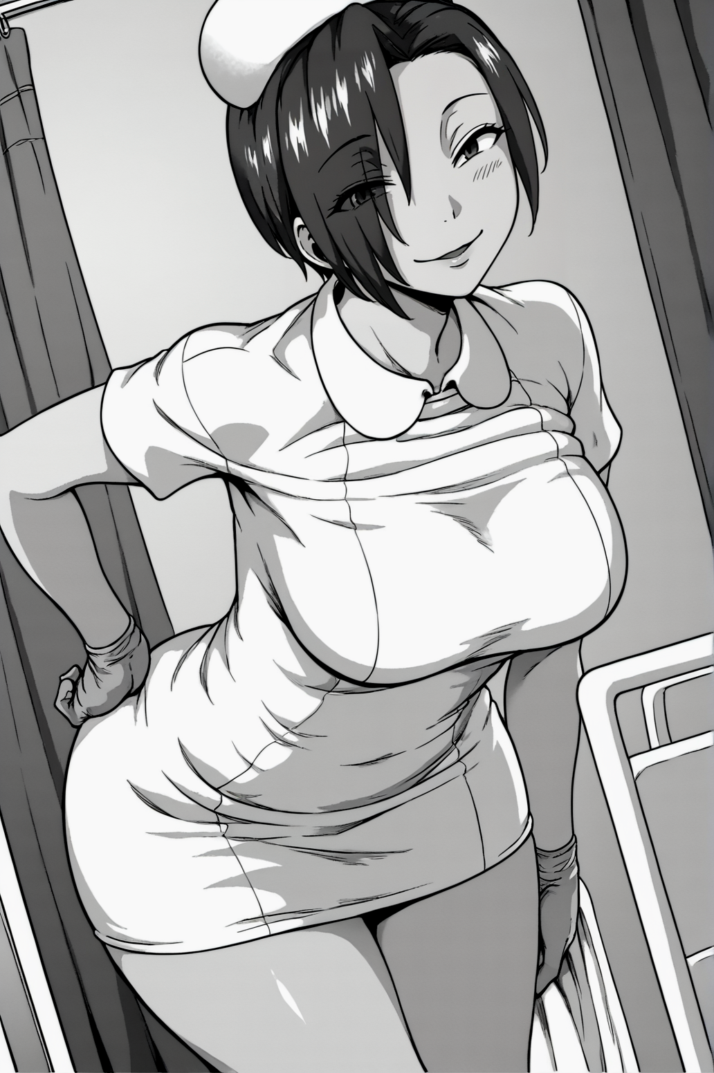 score_9, score_8_up, score_7_up, monochrome, manga_source, best background, detailed background, manga, grayscale   Numajiri, latex gloves, hat, nurse, nurse cap, cowboy shot, horny, naughty face, dynamic angle, dynamic camera, indoors, bent over,  <lora:JN_Numajiri:0.8>