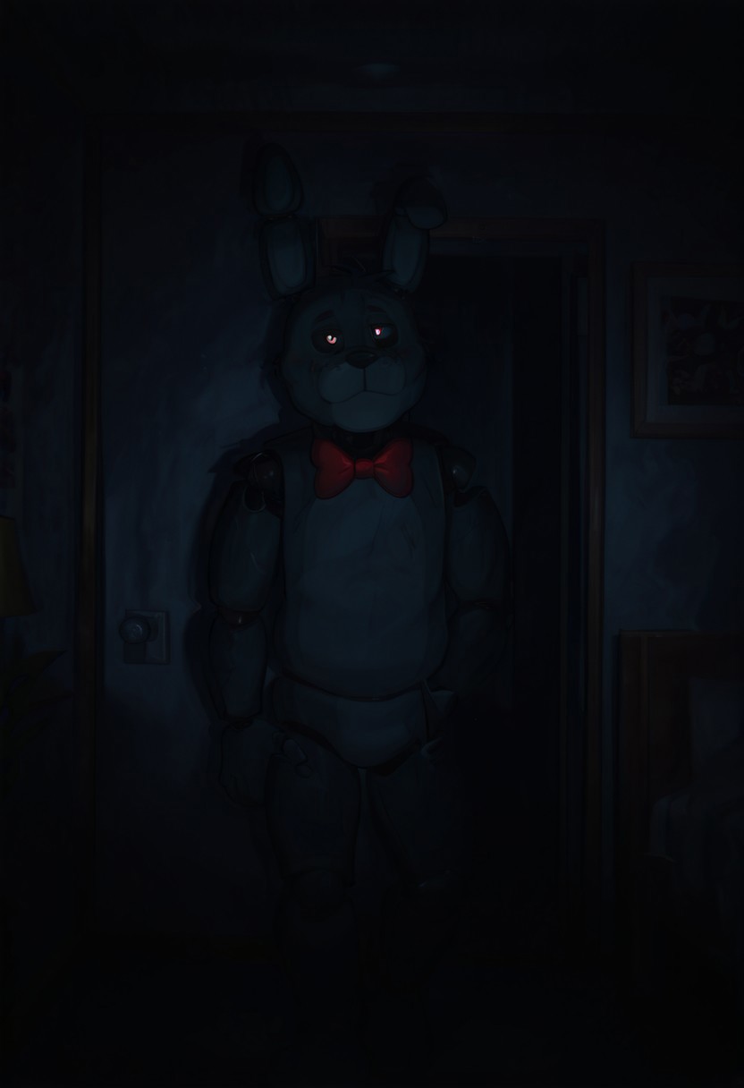 masterpiece, best quality, amazing quality, very aesthetic, absurdres, newest, detailed background,
cartoon, screencap, 
bonnie, rabbit ears, red bowtie,, 1boy, joints, animatronic
horror, black sclera, white pupils, small pupils, in bedroom, dark room, night time, no lights, vignetting contrast, high contrast, dark bedroom, flashlightbeamILL, dark area, flashlight beam on subject,