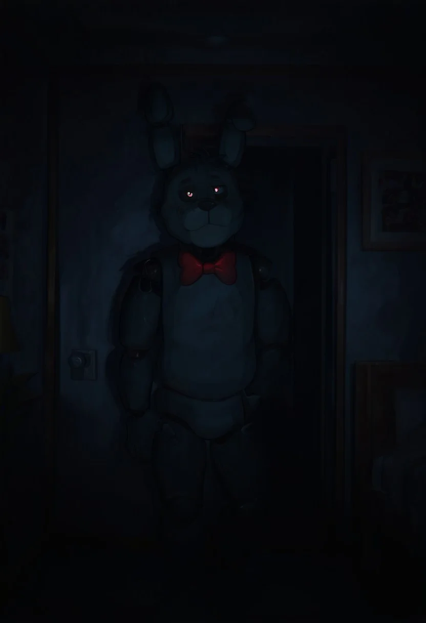 masterpiece, best quality, amazing quality, very aesthetic, absurdres, newest, detailed background,
cartoon, screencap, 
bonnie, rabbit ears, red bowtie,, 1boy, joints, animatronic
horror, black sclera, white pupils, small pupils, in bedroom, dark room, night time, no lights, vignetting contrast, high contrast, dark bedroom, flashlightbeamILL, dark area, flashlight beam on subject,