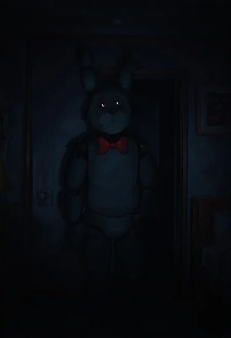 masterpiece, best quality, amazing quality, very aesthetic, absurdres, newest, detailed background,
cartoon, screencap,
bonnie, rabbit ears, red bowtie,, 1boy, joints, animatronic
horror, black sclera, white pupils, small pupils, in bedroom, dark room, night time, no lights, vignetting contrast, high contrast, dark bedroom, flashlightbeamILL, dark area, flashlight beam on subject,