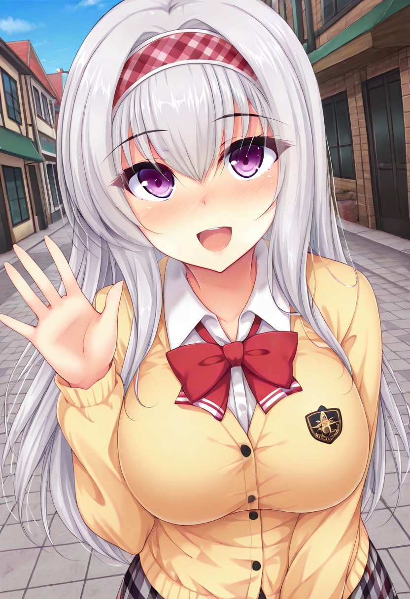 general,highres, ultra-detailed,very aesthetic,best quality ,best hands,best eyes,easynegative,
dynamic anglre, dutch angle, anime cloring,
1girl solo,looking at viewer,town,outdoors,smile,open mouth,waving hand,
Matsunaga Ameria Ren,silver hair, long_hair, hairband, purple eyes, huge_breasts,school uniform,