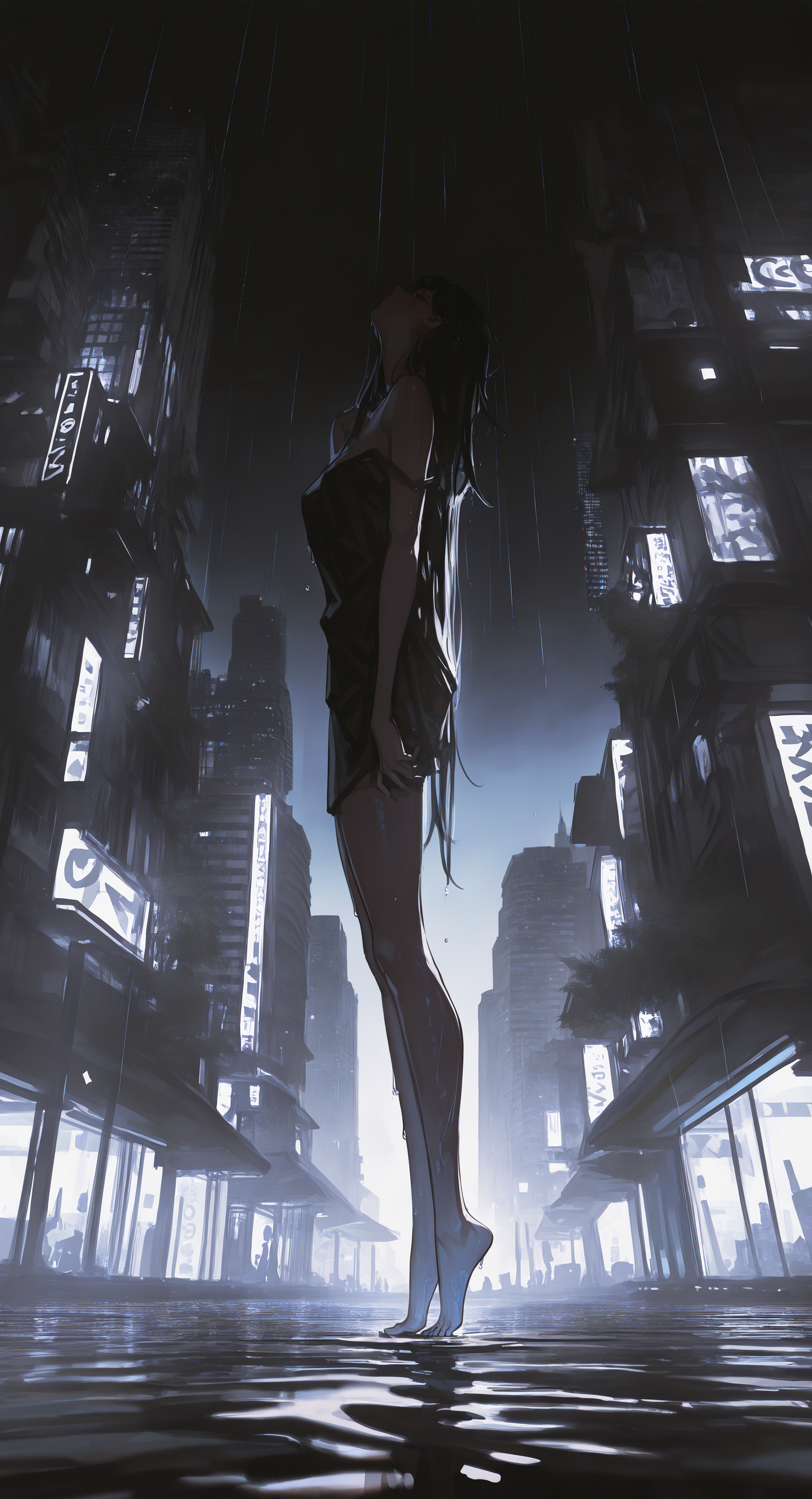 masterpiece, best quality, Good quality, very aesthetic, absurdres, newest,From Below,Vanishing Point, 1girl, solo, long_hair, breasts, bare_shoulders, standing, full_body, closed_eyes, outdoors, sky, barefoot, wet, night, outstretched_arms, night_sky, strap_slip, rain, spread_arms, tiptoes, On the edge of a skyscraper, City Lights Lighting,Cinematic Lighting, <lora:ponyv5_noobE11_1_adamW-000013:0.7> <lora:USNR_STYLE_XL_lokr:1>