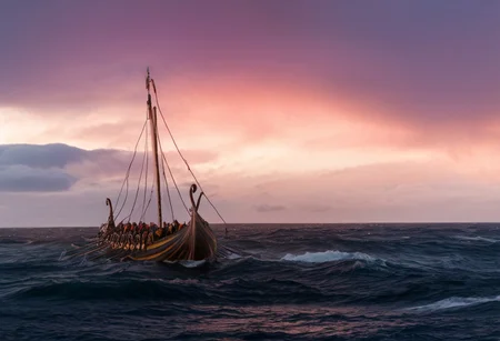 viking ship in front of the sunset, setting on the horizon, (one translucent square sail), men on board, oar, round shields on the side, (dragon head on the bow), crashing waves, rough seas, warm orange and pink hues casting a beautiful glow, cinematic lighting, ethereal atmosphere, subsurface scattering, sss, translucent, landscape, along the coastline of iceland), (smoke, volumetric fog), stormfront and (lightning in the distance:1.2), (illumination, insane, stunning, dramatic, completed artwork), perfect vivid gradient colors, a finished masterpiece of art, Masterpiece, Highly Detailed, Ultra-Detailed, Cinematic Lighting, Hdr, Sharp Focus, <lora:Viking_Ship:1>, <lora:sss:0.8>