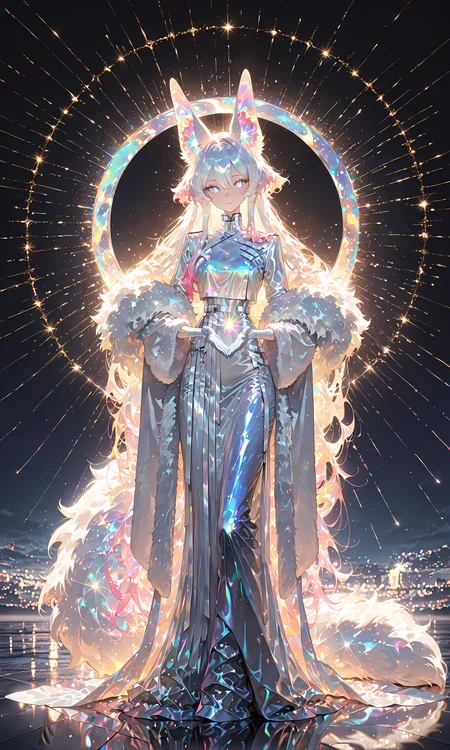 masterpiece, best quality, amazing quality, very aesthetic, absurdres, newest, volumetric lighting, detailed, detailed background, 1girl, white long dress, gloves, holographic colors, gradient colors, multicolored hair, shiny, long animal ears, fluffy tail, masterpiece, best quality, amazing quality, very aesthetic, absurdres, newest, volumetric lighting,