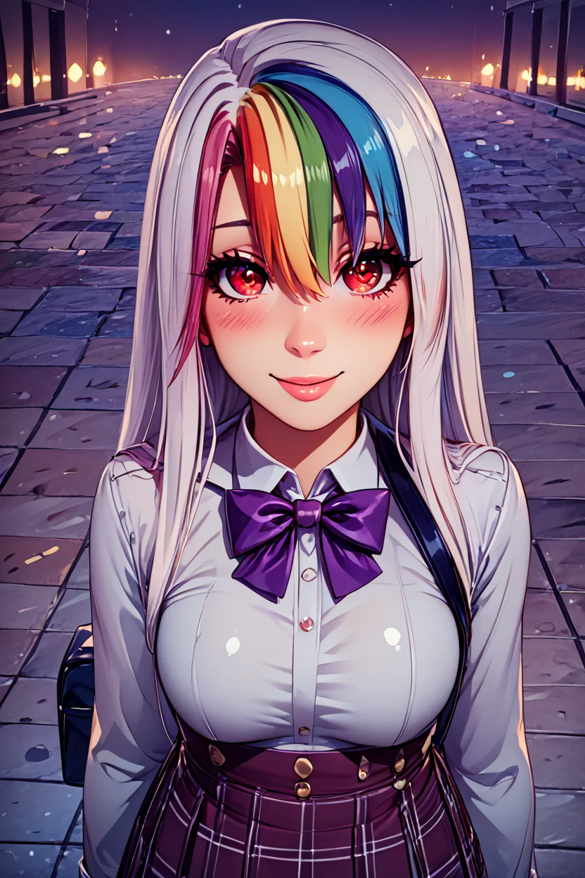 score_9, score_8_up, score_8, medium breasts, (curvy), cute, eyelashes, BREAK, , <lora:RoxyCitronOCPDXL_v2:0.8>, Roxy_Citron_OC, 1girl, solo, red eyes, white hair, rainbow hair, long hair, streaked hair, hair between eyes, purple bowtie, alternate costume, smile, looking at viewer, collared shirt, blush, eyelashes, long sleeves, sleeves past wrists, plaid skirt, shoulder bag, black bag, blurry, tile floor, pleated skirt, white shirt, , BREAK, (ultra realistic,32k, masterpiece:1.2),(high detailed skin:1.1),( high quality:1.1), curvy, head tilt, hearts, blush, lips, curvy, head tilt, shiny clothes, (upper body), looking at viewer, bokeh, luminescent background, embedding:zPDXL, Expressiveh, <lora:RlAnmPDXL:1.0>,