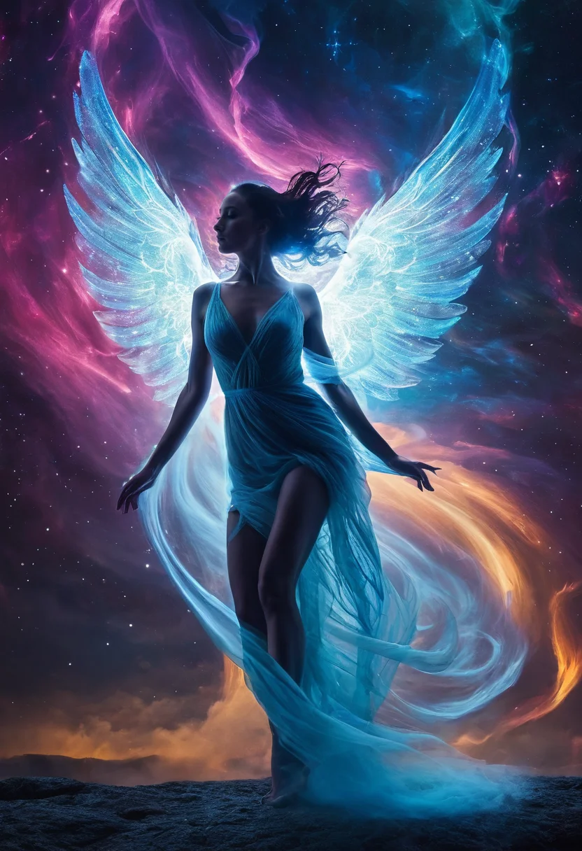 professional, (4k photo:1.1) , (Sharp focus:1.3), high detail,
<lora:spotlight:1> dark theme, silhouette, magical lighting, fantasy,
(transparent figure standing in a celestial plane), (swirling tornado of color), jaw dropping look of amazement, amazement, fantastic lighting, (her body merges with spirits, translucent body, ethereal, divine, angels:1.3), (translucent body, transparent body, ghostly body:1.4),
,
<lora:greg_rutkowski_xl_2:0.8> greg rutkowski, , (expressionism, impressionism, broad brush strokes:1.4)