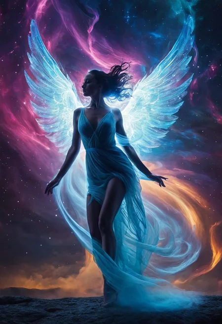 professional, (4k photo:1.1) , (Sharp focus:1.3), high detail, 
 <lora:spotlight:1> dark theme, silhouette, magical lighting, fantasy,
(transparent figure standing in a celestial plane), (swirling tornado of color), jaw dropping look of amazement, amazement, fantastic lighting, (her body merges with spirits, translucent body, ethereal, divine, angels:1.3), (translucent body, transparent body, ghostly body:1.4), 
,
<lora:greg_rutkowski_xl_2:0.8> greg rutkowski, , (expressionism, impressionism, broad brush strokes:1.4)