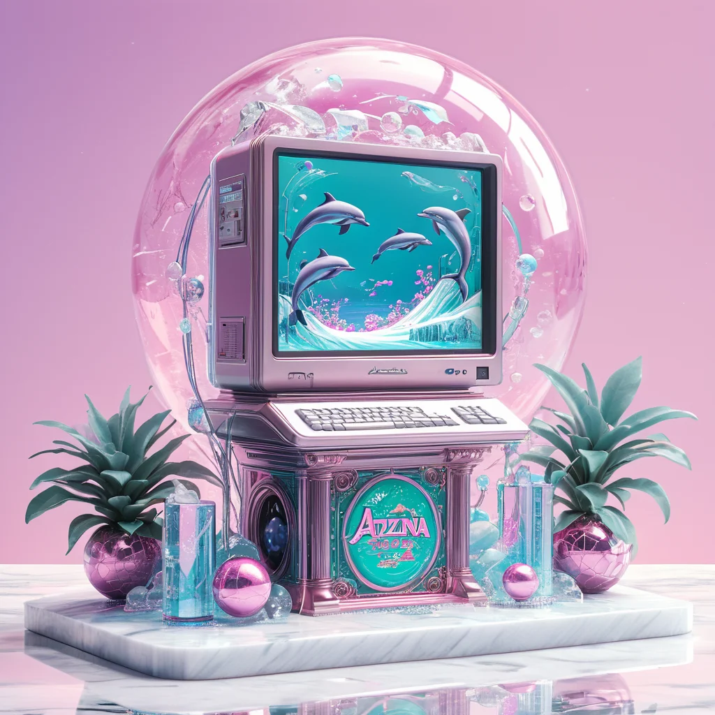 An old-school desktop computer on a marble plinth, surrounded by floating dolphins and wireframe spheres. The screen displays a looping animation of a spinning Arizona iced tea can. <lora:add-detail-xl:1.2>, <lora:Vaporwave_SDXL:1> ArsMJStyle , vaporwave,