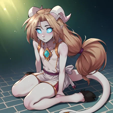 score_9, score_8_up, score_7_up, score_6_up, source_anime, best quality, masterpiece, colorful, very aesthetic, anime, BREAK <lora:Iridi:1> iridi, colored sclera, blue sclera, bright blue pupils, very long hair, blonde hair, low-tied long hair, horns, grey skin, tail, hooves, draenei tentacles, tile floor, kneeling