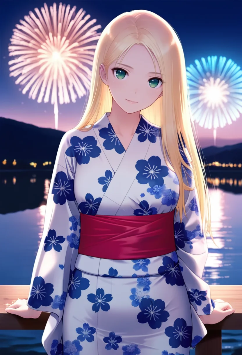 masterpiece, best quality, amazing quality,reiko date wingfield, green eyes, blonde hair, long hair, 1girl, solo, japanese clothes, yukata, floral print,red sash, white kimono,light smile, standing, looking at viewer, cowboy shot, outdoors, lake, aerial fireworks, night, blurry background <lora:reiko date wingfieldV1:0.9>
