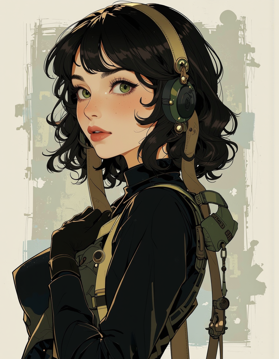 Anime style. A photo of a Beautiful fit woman, emo chic goth girl.