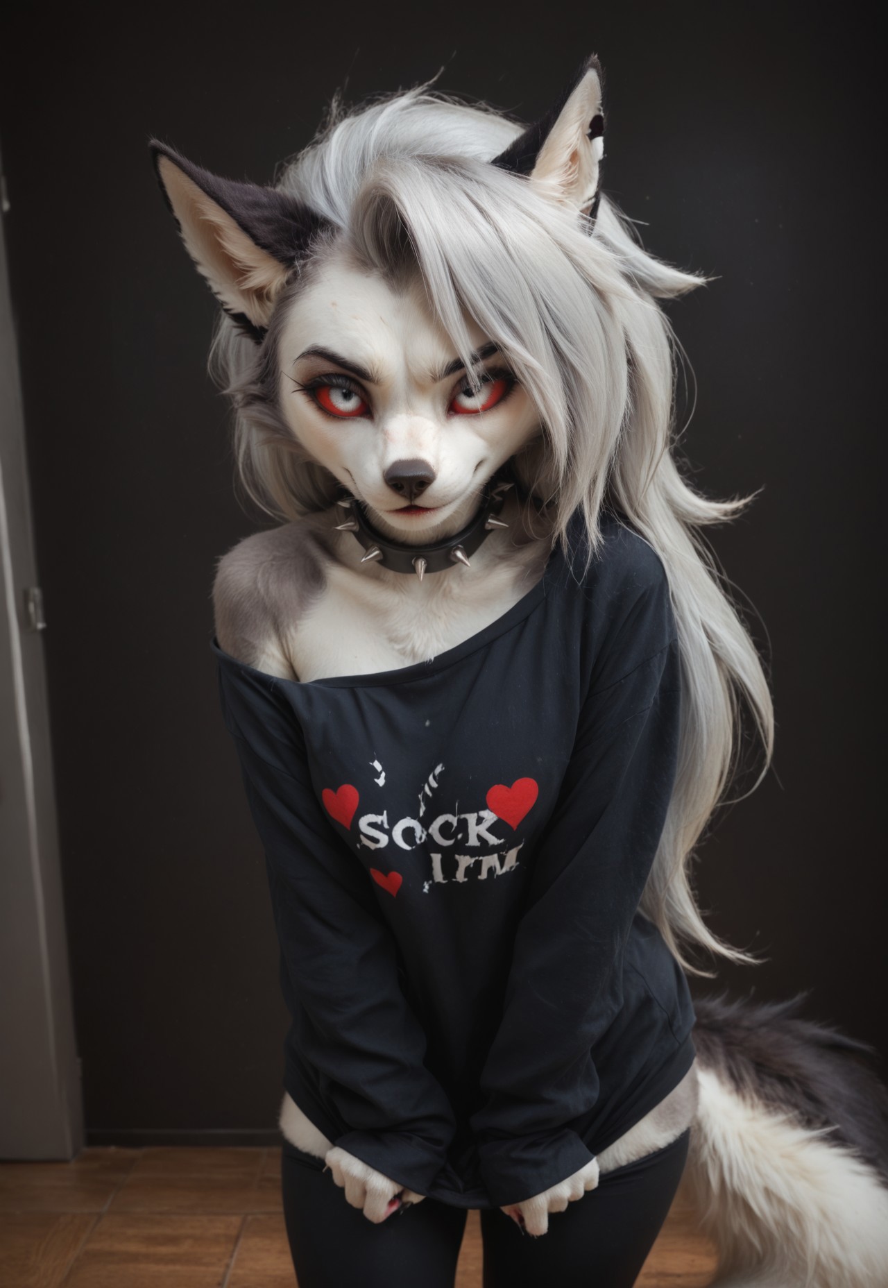 Masterpiece, best quality, amazing quality, female, furry, anthro, lidded eyes, realistic proportions,  fluffy fur, detailed fur, beautiful photo, realistic lighting, masterpiece, high quality, score_9, score_8_up, score_7_up, score_6_up, score_5_up, source_furry, tail, furry tail, loona_helluva_boss, furry, furry female, detailed eyes

smug, smile
silver HAIR, white EYES, RED SCLERA,
SPIKED COLLAR, PIERCED EYEBROW,
OFF SHOULDER SWEATSHIRT, LEGGINGS,

