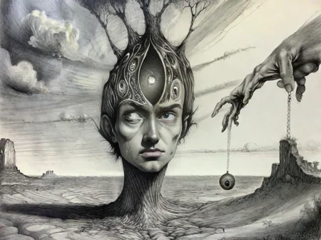<lora:sur-mono_XL:1>, sur-mono_XL, monochrome, line sketch, surrealistic, in the style of Fernando Falcone