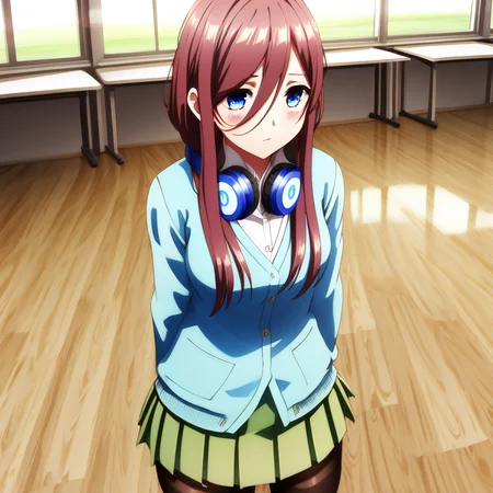 mikunakano,miku nakano, long hair, bangs, blue eyes, brown hair, shirt, hair between eyes, headphones, cardigan, headphones around neck, BREAK skirt, shirt, long sleeves, white shirt, pantyhose, pleated skirt, black pantyhose, cardigan, green skirt, blue cardigan, BREAK indoors, classroom, BREAK looking at viewer, BREAK ,(masterpiece:1.2), best quality, high resolution, unity 8k wallpaper, (illustration:0.8), (beautiful detailed eyes:1.6), extremely detailed face, perfect lighting, extremely detailed CG, (perfect hands, perfect anatomy),