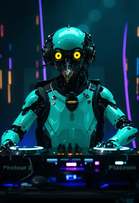 iphone photo The image depicts a futuristic, robotic creature with a penguin-like head, engaged in DJing activities. The robot's body is primarily turquoise and black, featuring intricate details such as neon wires, tubes, and mechanical components. Its large, round eyes glow yellow, while its beak is long and pointed.
The robot sits behind a sleek, black DJ controller, surrounded by vibrant neon lights that illuminate the dark background. The overall atmosphere exudes a sense of high-tech futurism and electronic music culture.
In this image, the artist has skillfully blended elements of science fiction and contemporary art to create a visually striking representation of a futuristic DJ. . large depth of field, deep depth of field, highly detailed