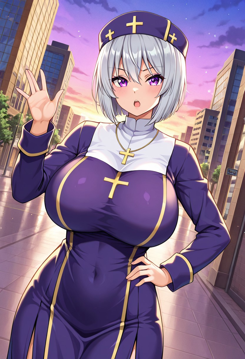 general,highres, ultra-detailed,very aesthetic,best quality ,best hands,best eyes,easynegative,
dynamic anglre, dutch angle, anime cloring,
1girl solo,looking at viewer,city,hand on hip,open mouth, 
Cent Alies,grey hair, short_hair, purple_eyes, huge_breasts, hat,priest costume,