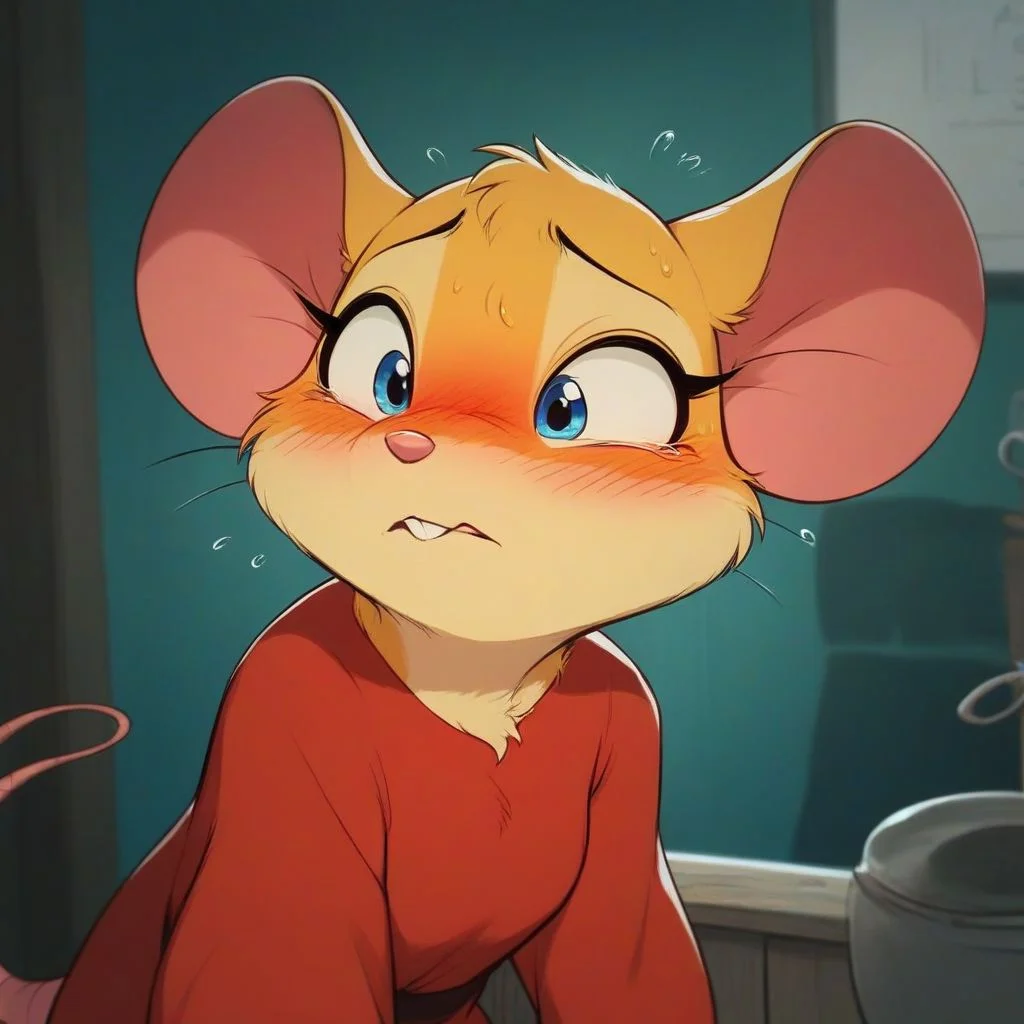 score_9, score_8_up, score_8, solo, (fluffy:0.8), (feral), indoors, furry, (((mouse))), (fluffy cheeks:0.7), (upper body shot), j_cartoon, 1/3_front, upper_3/4, talking, high angle view, (smiling:0.1), embarrassed, blush, female, blue eyes, yellow fur, red dress
