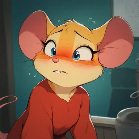 score_9, score_8_up, score_8, solo, (fluffy:0.8), (feral), indoors, furry, (((mouse))), (fluffy cheeks:0.7), (upper body shot), j_cartoon, 1/3_front, upper_3/4, talking, high angle view, (smiling:0.1), embarrassed, blush, female, blue eyes, yellow fur, red dress