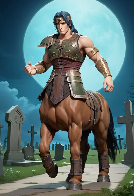 score_9, score_8_up, score_7_up, score_6_up, 1boy, horse man, taur, male, muscular, (full body view:2), night, moon, graveyard, simon belmont, simonbel, green leather armor, jeweled headband, stylized green breastplate, gold accents, black leather shorts, stylized green loincloth, single pauldron, metal wristband, shoulder length blue hair, leather tassets, gray boots