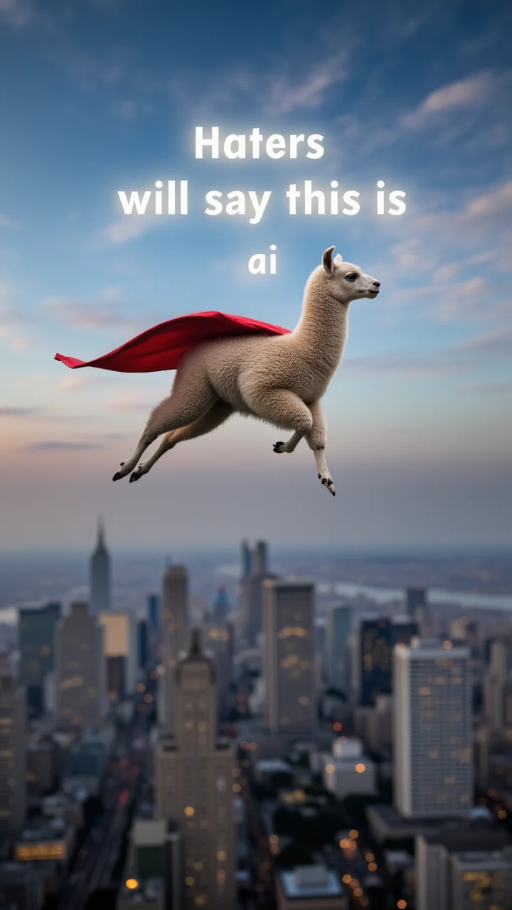 "A llama wearing a superhero cape, flying over a city skyline, with the phrase 'Haters will say this is AI' glowing in the clouds behind him" , aidmahyperrealism,